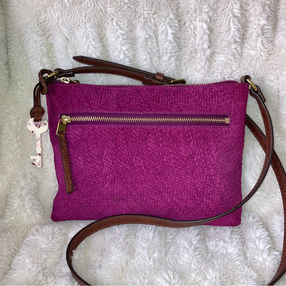 Fossil Magenta Crossbody Bag with Brown Strap